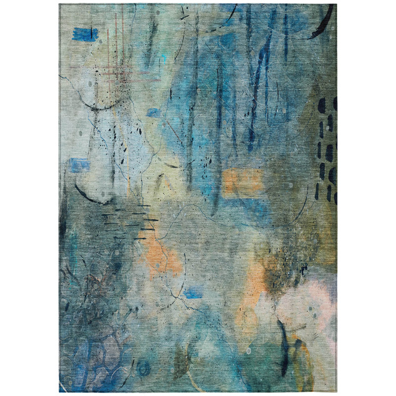 Machine Washable Indoor/Outdoor Xhevrie Teal Rug, Rectangle 9' x 12'