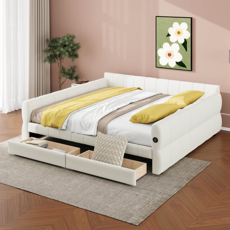 King Size Upholstered Daybed With USB And 2 Drawers, Soft Lambswool Platform Bed, No Box Spring Required, White