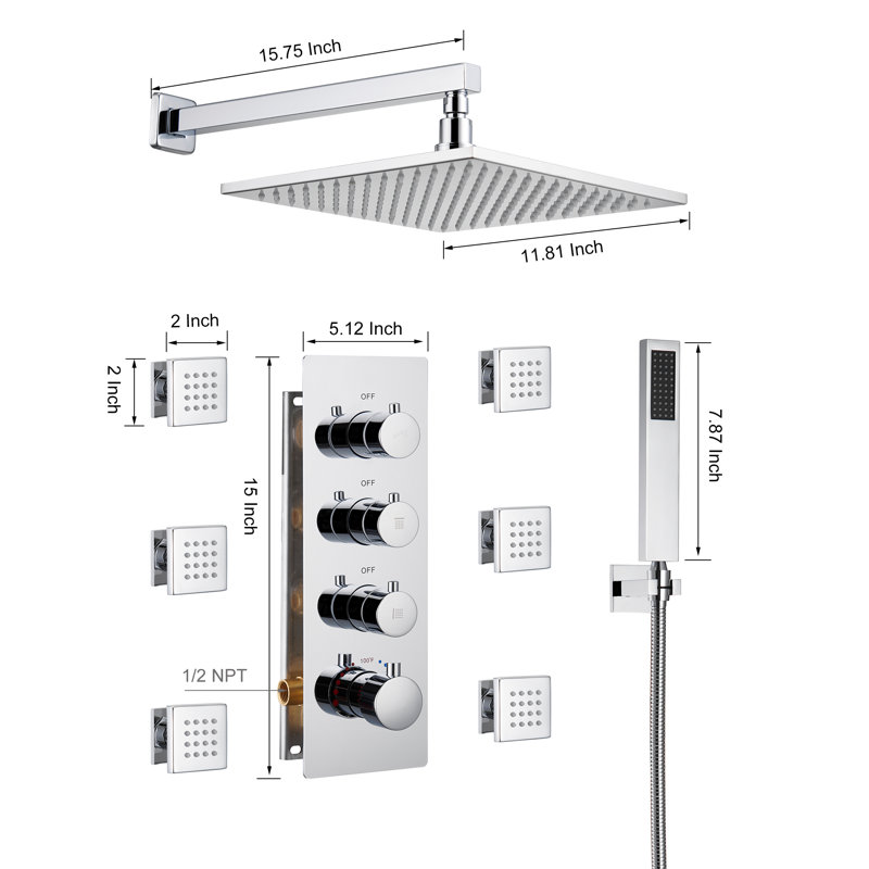 3-Function LED Light Thermostatic Rainfall Shower System with 6 Body Jets and Rough-in Valve, Chrome