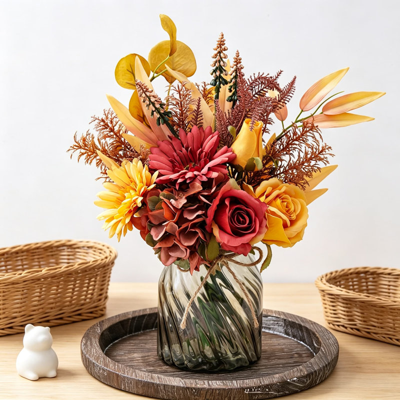 Fleurs artificielles artificielles avec vase, roses en soie artificielle et hortensias pour les décorations de table de salle à manger de cuisine de ferme, décor d'automne pour bureau à domicile rouge foncé