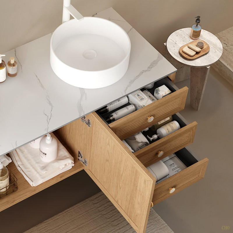 Meuble-lavabo de 60 po avec 2 lavabos, armoire de rangement autoportante en contreplaqué avec 5 pieds en métal, 3 tiroirs et 2 portes, lavabo en céramique sans robinet, pré-assemblé