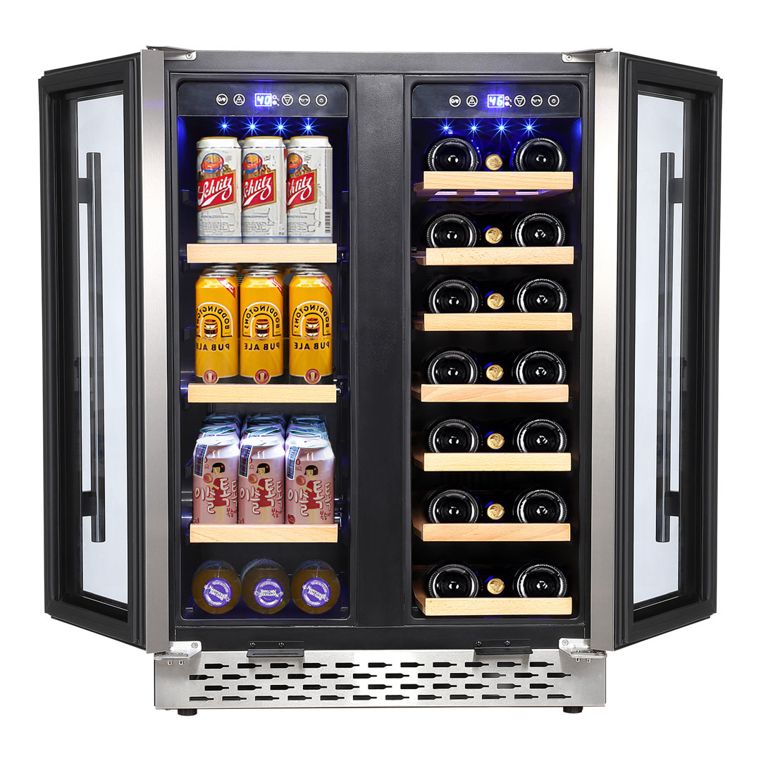 Fashionwu 34.2'' W Freestanding 120 Cans (12 oz.) Outdoor Rated Beverage Cooler with Wine Storage and Reversible Glass Door Fashionwu