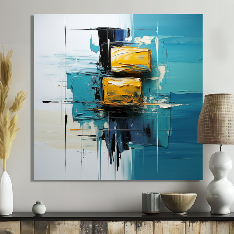 «Ebullient pensé jaune moutarde sur fond bleu», art mural abstrait, H 16 po x l 16 po, Wrapped Canvas