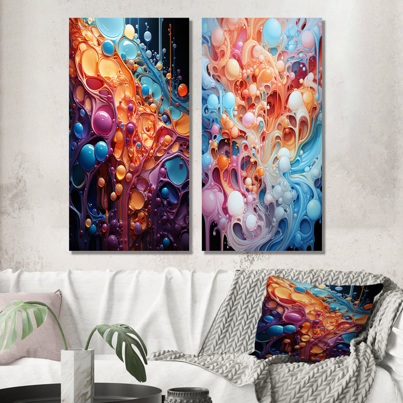 «Intricate Multicolor Drip Paint», ensemble de 2 reproductions d'art abstrait, Toile tendue, H 28 po x l 25 po