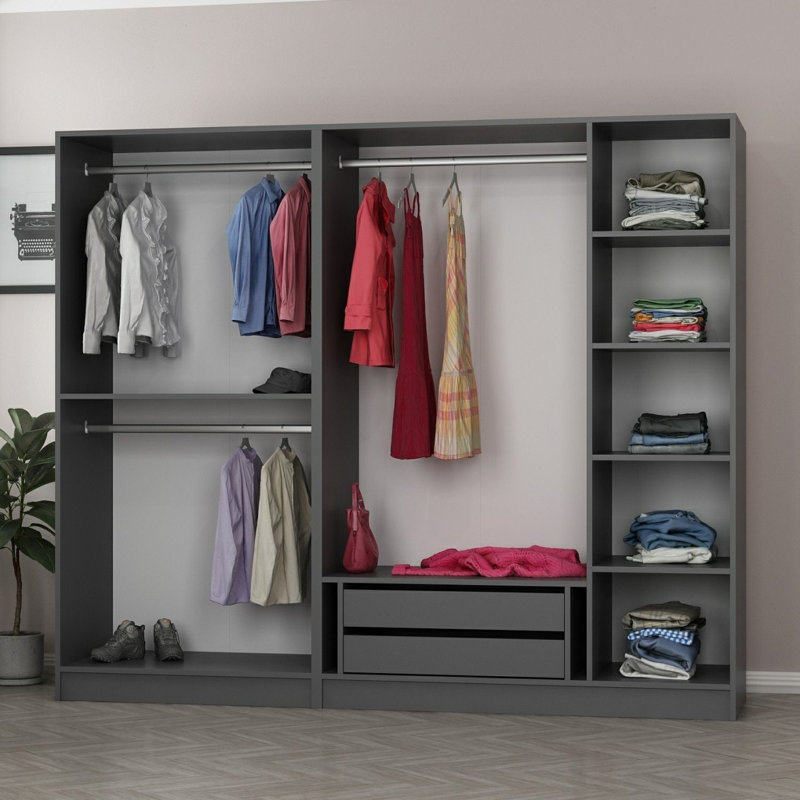 Modern Anthracite Wardrobe with Numerous Shelves, 88.6 x 74.8 x 20.5 inches | 100% Melamine Coated Particle Board, Thickness: 0.7 inches | Stylish Storage Solution for Bedroom & Closet Organization, Durable Design