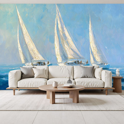 Summer Peel and Stick Wallpaper Sailboat Coastal Seaside Seascapes Sailboats Water Sails Sea Boatmen Wall Murals 69"H x 96"W Removable PVC Wall Paper Self-Adhesive Wall Decor for Bedroom Living Room Home Office