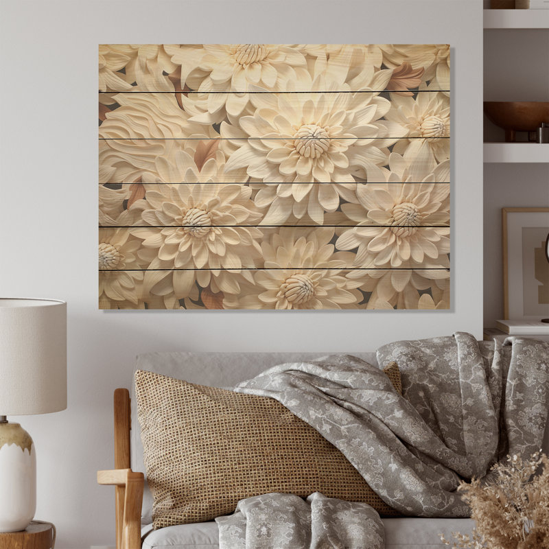 Minimalisme, Chrysanthèmes, collage floral blanc I - art mural en bois de chrysanthèmes sur bois de pin naturel
