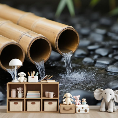 Peel and Stick Wallpaper Zen Bamboo Water Fountain Flowing Water Black Pebble Stones Wall Murals 69"H x 96"W Removable PVC Wall Paper Self-Adhesive Wall Decor for Bedroom Living Room Home Office
