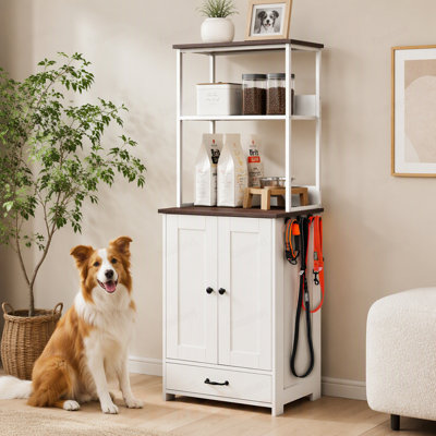 Pet Feeding Station with Bowls, Adjustable Panel, Dog Feeding Station with Storage, Pet Feeder Station for Dogs Cats for Feeding & Watering Supplies,Dog feeding station with 2-level shelving White