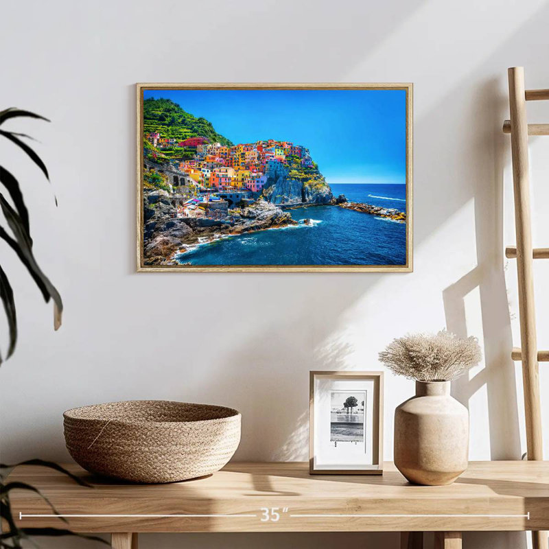 Cinque Terre Seaside Town, 19" X 13", Floating Frame Natural Wood