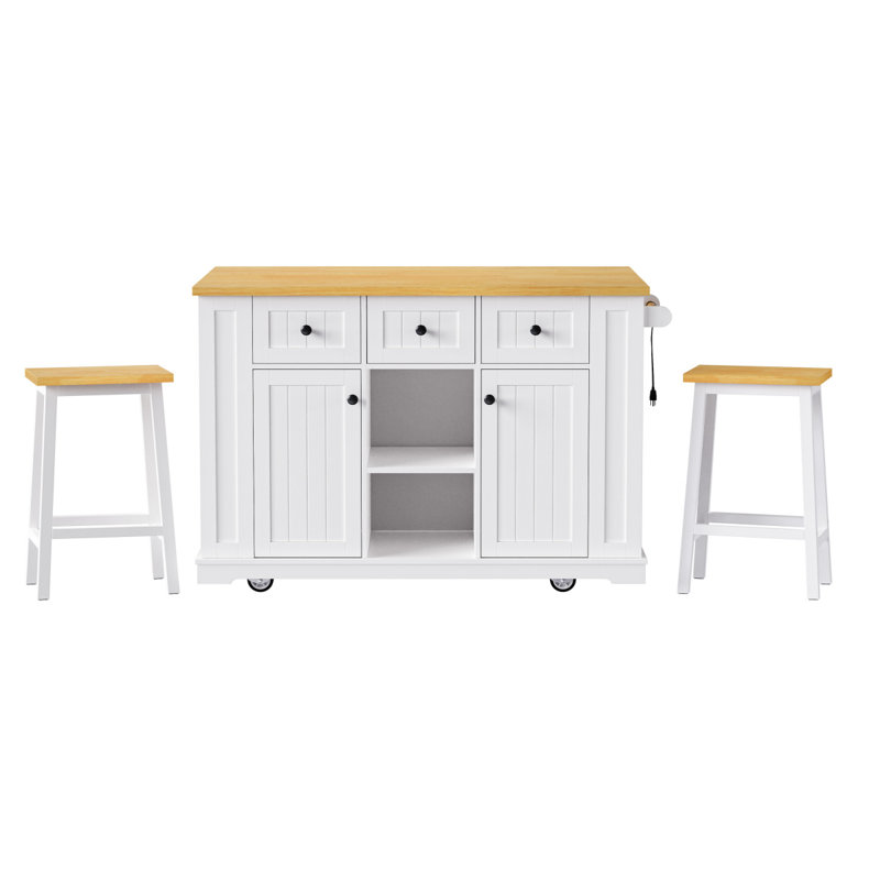 K&K 53Inch Large Kitchen Island With 2 Bar Stools, Power Outlet,Door Internal Storage Rack, Kitchen Storage Cart On 5 Wheels With Drop Leaf, 5 Open Side Racks, 3 Drawers, For Kitchen,Dining Room,White
