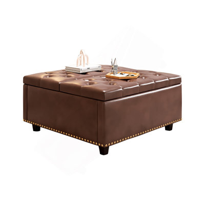 Grand tabouret de rangement carré avec deux portes de rangement, tabouret pour le salon, table basse de style Mid-Century avec incrustation de têtes de clou, similicuir brun