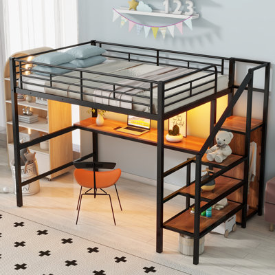 Lit mezzanine en métal avec bureau, escalier de rangement et éclairage à DEL 