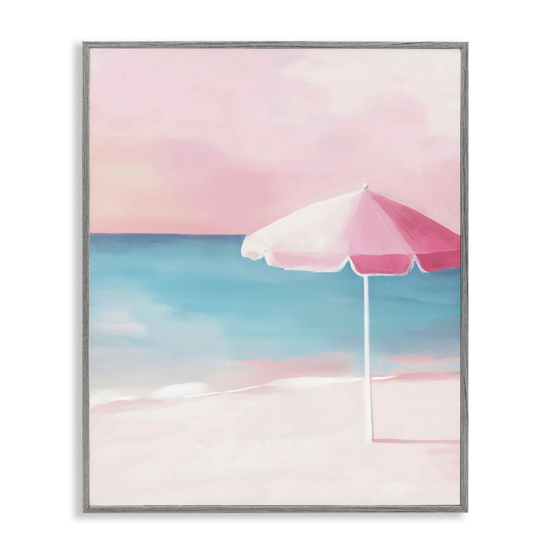 Parasol de plage rose serein, estampe numérique, design par The Prints Vibe, 20 x 16, Farmhouse Grey Giclee Framed