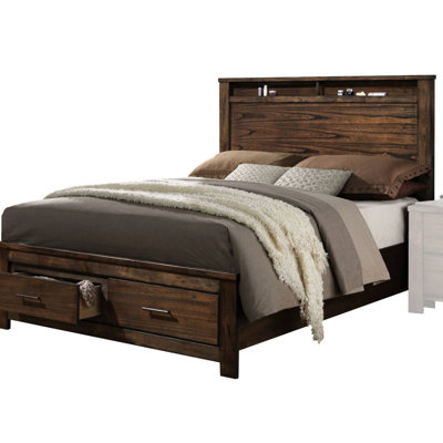 Oak Finish Storage Bed - No Box Spring Required, Headboard With Shelf Space, Roomy Drawer Storage, Construction, Antique Brass Accents Ek In Needed, For Organization And Convenience, Drawers Space