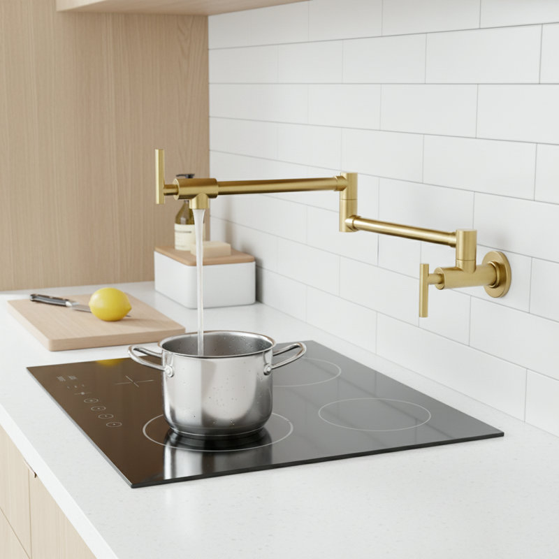 Commercial Wall Mount Pot Filler Kitchen Faucet, Folding Stretchable Double Joint Swing Arm With Dual Handles, Brushed Gold