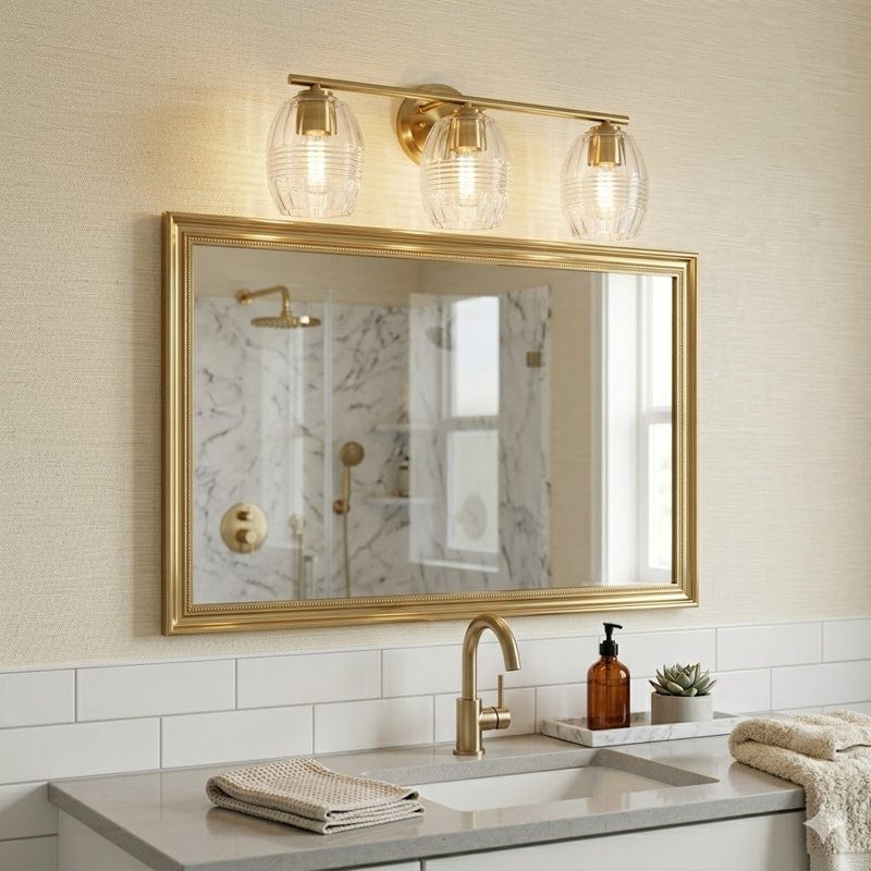 Applique à trois lumières pour meuble-lavabo à bras en verre transparent en laiton satiné