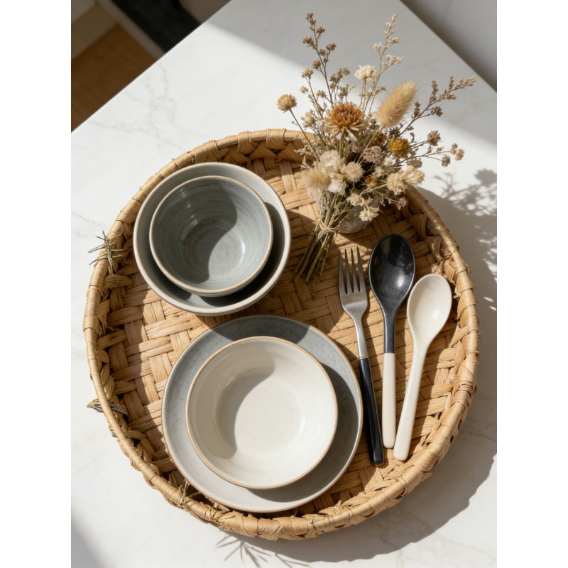 Ensemble de 2 plateaux de service en jacinthe d'eau naturelle avec poignées, repose-pieds décoratif et plateau de table basse pour l'organisation et la présentation