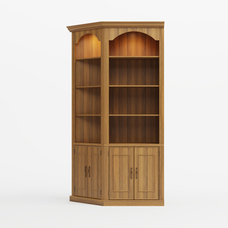 Bibliothèque d'angle haute de 90,3 po avec portes d'armoire, 2 projecteurs supérieurs et éclairage tricolore Busby, Noyer