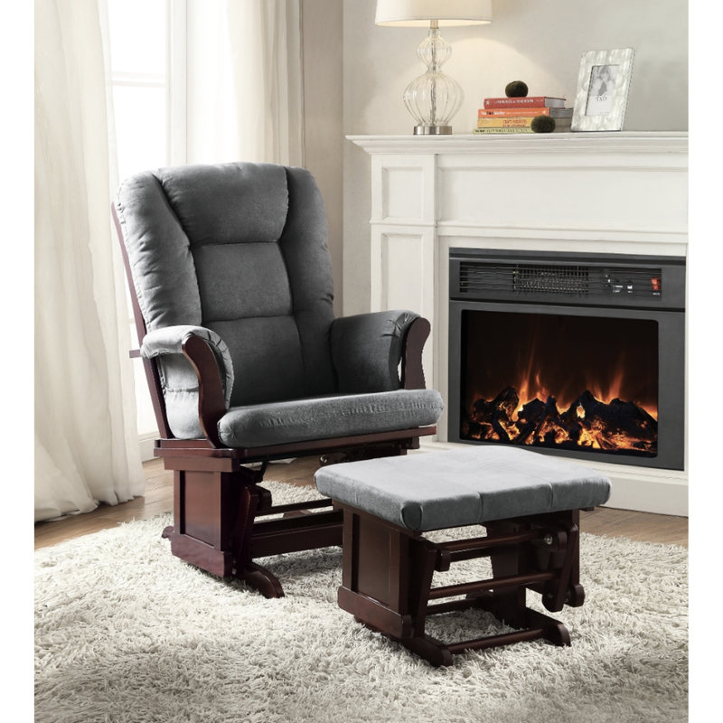 Fauteuil oscillant et tabouret confortables, confort en microfibre grise, paire sereine au fini cerisier, sérénification, majestueux bois