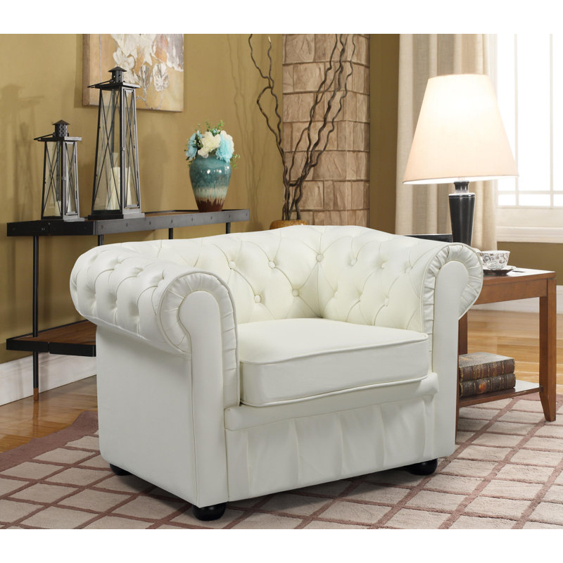 Fauteuil Chesterfield de 41,34 po Deondray, Cuir véritable beige
