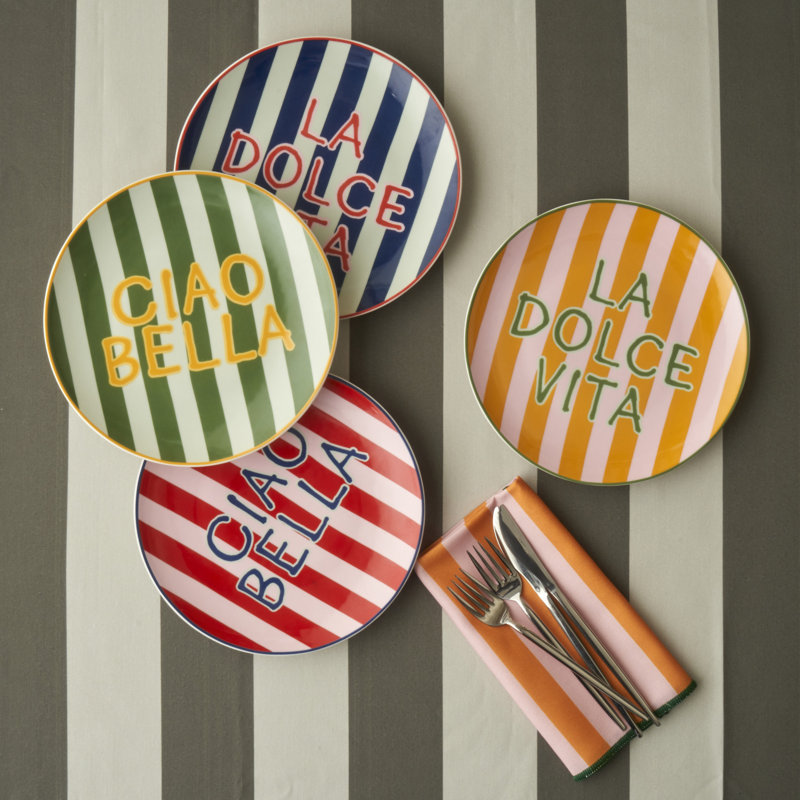 Line Striped Porcelain Dessert Plate, Green
