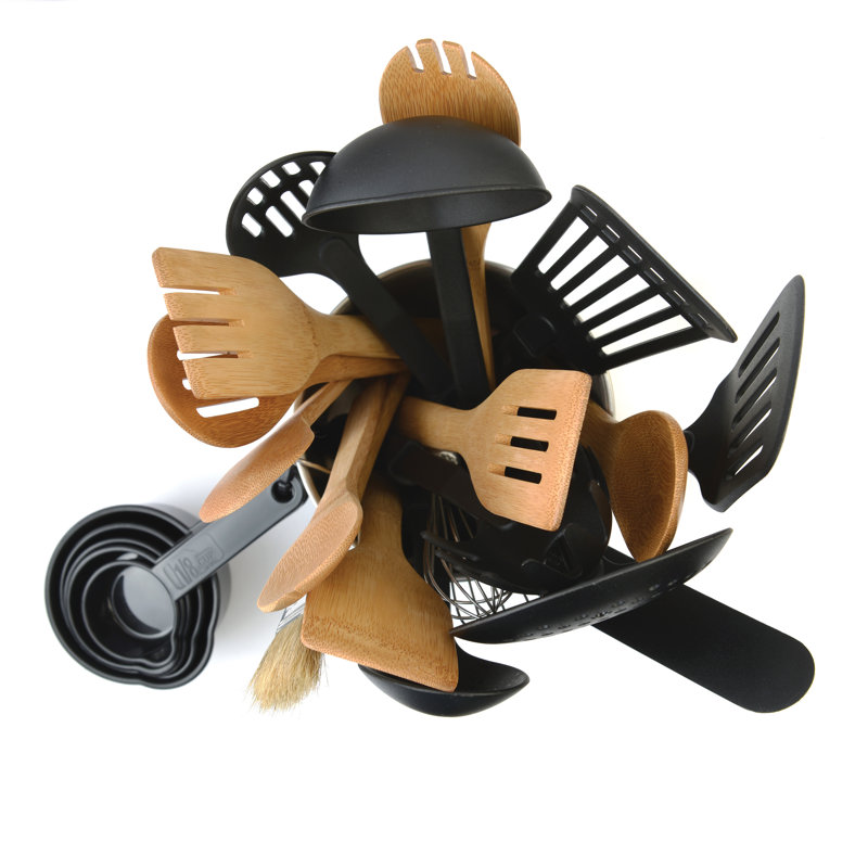 Deluxe 25-Piece Black Bamboo and Stainless Steel Cooking Tool Set