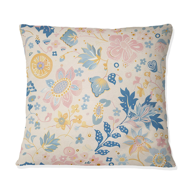 Motif de fleurs de bohème bleu doux et paradisiaques II - coussin bohème, H 16 po x l 16 po, Carrée