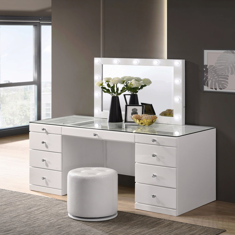 1pc Glam Makeup Vanity Table Glass Top 9 Drawers Knobs White Wooden Bedroom Furniture, White