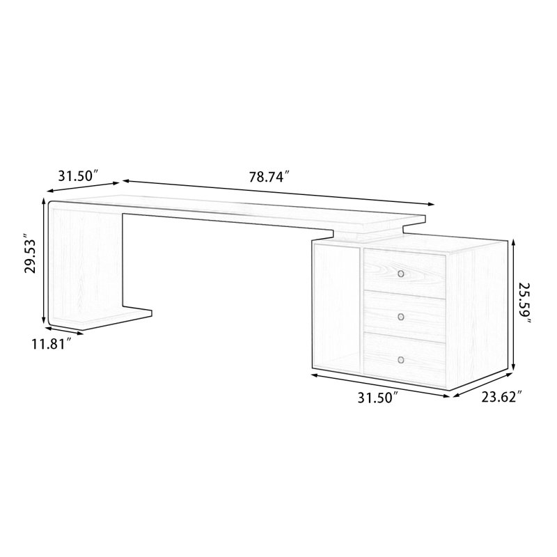 Bureau rectangulaire à 3 tiroirs en bois massif de couleur noyer clair, H 29,53 po x l 78,74 po x P 31,5 po
