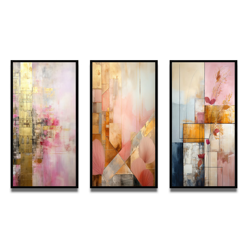 «Allure Boho Chic In Vintage Pink Gold», 3 pièces sur toile, Cadre flottant noir, H 20 po x l 36 po