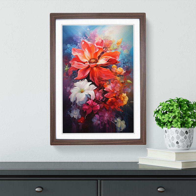 Floral Art Action Painting Art - Framed Print, Walnut, 64cm H x 46cm W x 2cm D, Walnut Framed