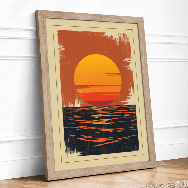 Sunrise Over Water Japandi - Framed Print, A2 - 59.4 x 42.0 cm, Oak