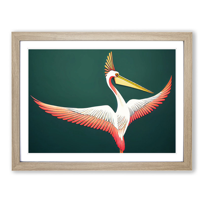 Retro Pelican - Single Picture Frame Painting, 46cm H x 64cm W x 2cm D, Oak Framed