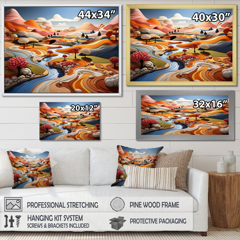 «Whimsical Fields Of Color Landscape I - Countryside», reproduction d'art sur toile, Cadre flottant blanc