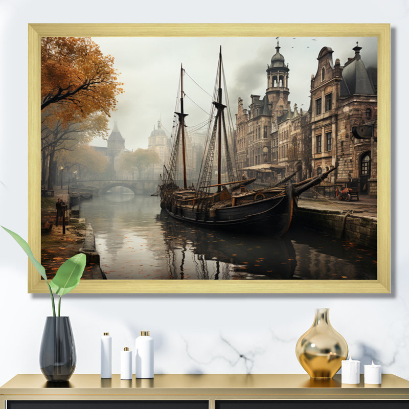 Beige canal rétro - sépia, H 30 po x l 40 po x P 1,5 po, Encadrement doré