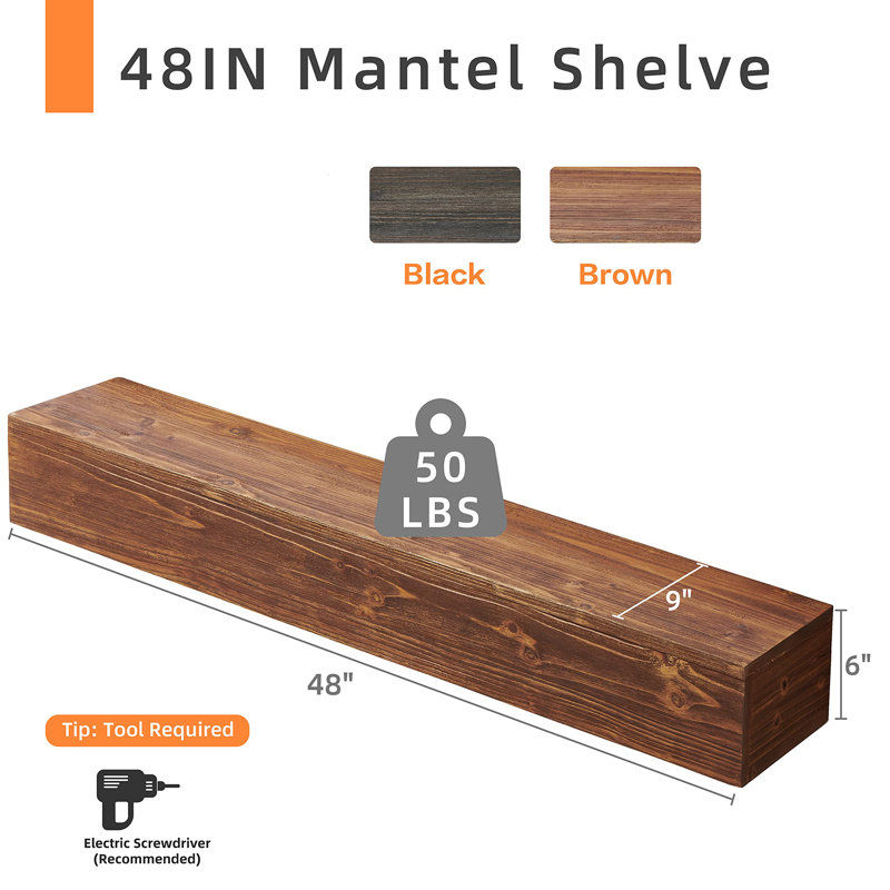 Manteau de cheminée rustique, tablette flottante murale pour la décoration intérieure, bois de cèdre massif, Brun clair, 48"