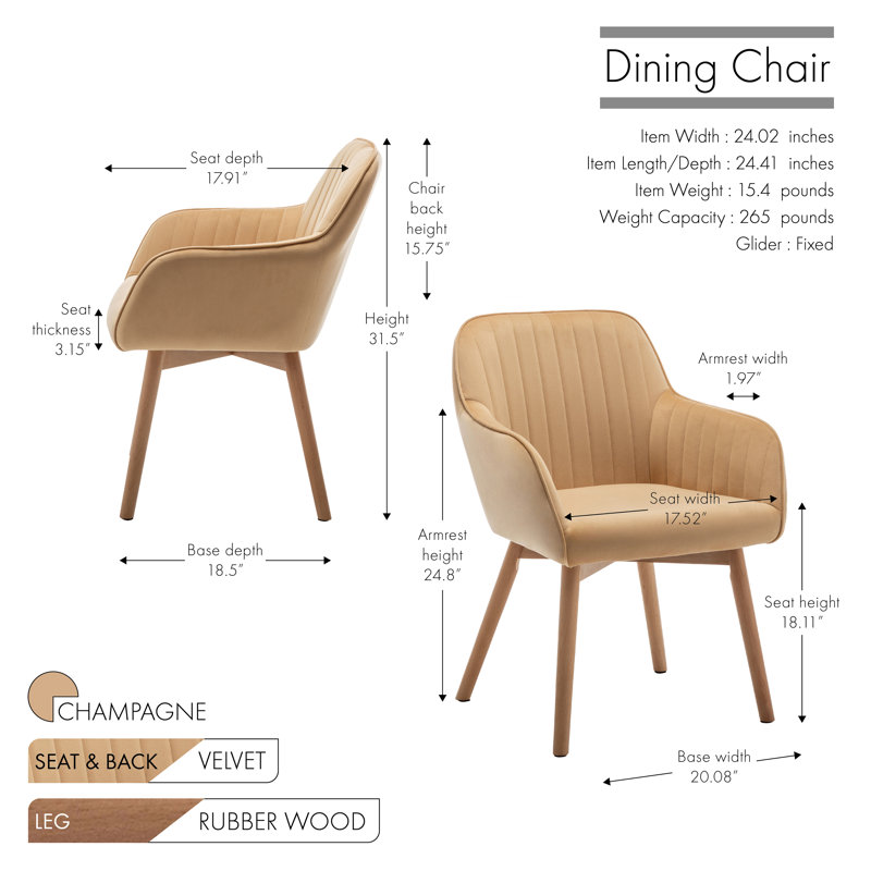46cm H Velvet Upholstered Upholstered Back Armchair, Champagne