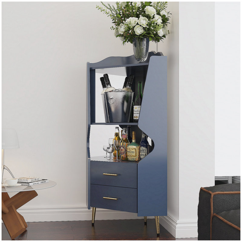 Wooden Corner Bar Cabinet with Open Shelves, Drawers, Mirrored Back, and High Legs for Easy Cleaning, Black