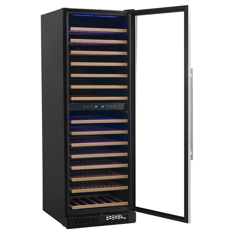 Cave à vin de 61 cm (24 pouces) pour 160 bouteilles, idéale pour un bar à domicile. Double zone de température, encastrable ou pose libre, avec compresseur, serrure, contrôle de température de 4 à 18 °C (40 à 65 °F), porte vitrée et éclairage LED.