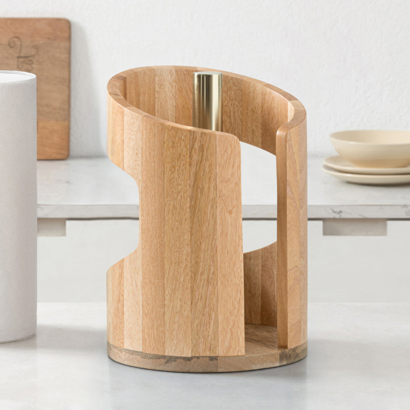 Wooden Paper Towel Holder with Negative Space Design for Kitchen and Table Decor, Anti Skid Base, Eco Friendly Mango Wood & Metal Rod - Mango / Gold