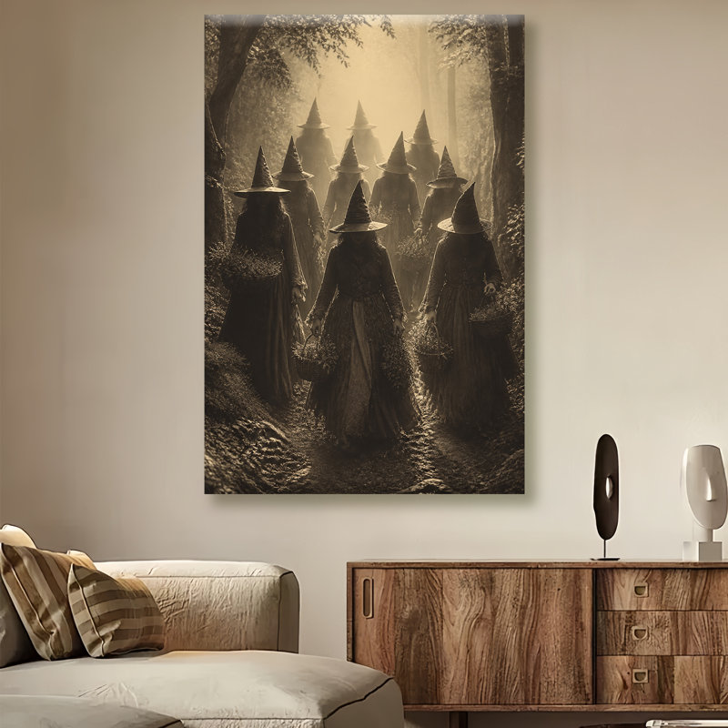 Tableau vintage sur toile représentant une sorcière mystérieuse dans la forêt, de style gothique abstrait, idéal pour décorer un salon, une chambre ou une maison de campagne.