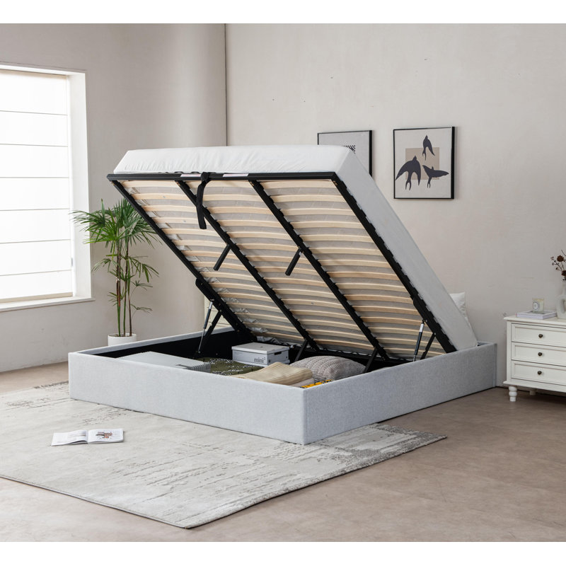 Lit de rangement relevable Braud, Blanc cassé, Roi