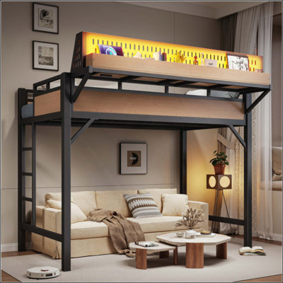 Structure de lit mezzanine avec tablettes de rangement et panneau perforé, lit mezzanine en métal avec ports USB et lumières DEL, sécuritaire et robuste