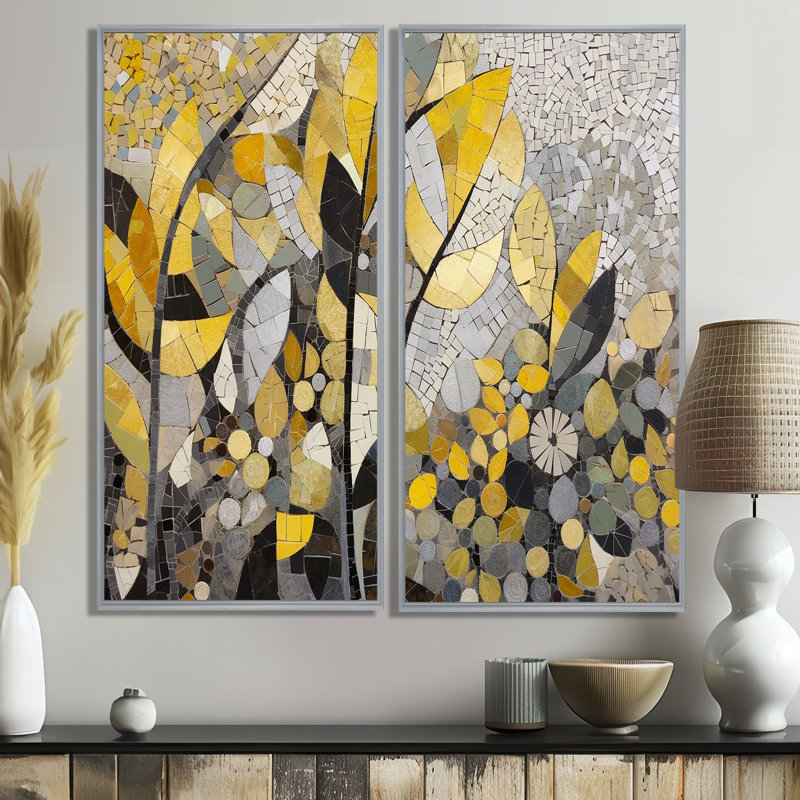 Motifs jaunes et gris en fusion artistique - art mural jaune, H 32 po x l 32 po, Impression encadrée flottante, Argent argent