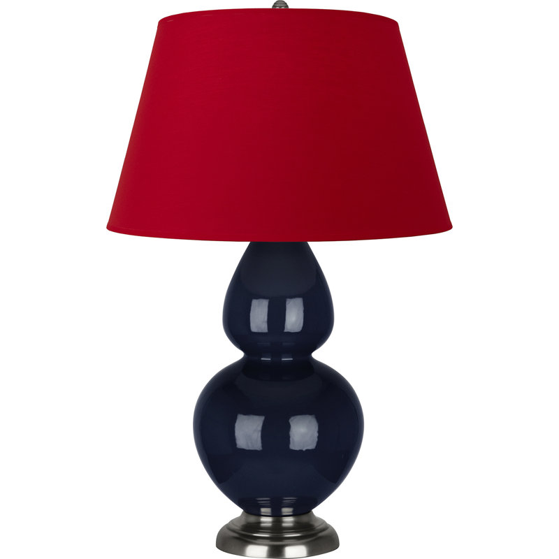 Lampe de table double gourde en céramique, Bleu minuit émaillé / argent antique, Blanc cassé, Argent argent