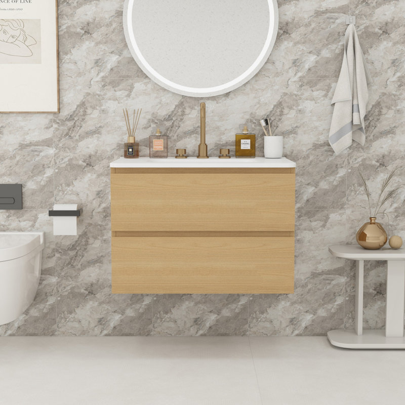 Meuble-lavabo de salle de bain avec lavabo en céramique, Chêne