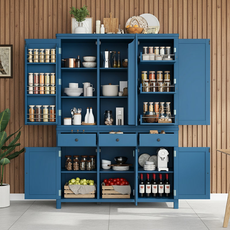 Garde-manger autoportant avec tablettes de porte et plateaux coulissants, Bleu