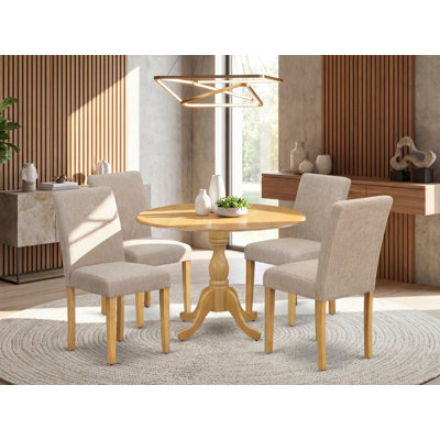 Ensemble de table de salle à manger 5 pièces moderne comprenant une table ronde en bois avec Dropleaf et 4 chaises rembourrées en tissu de couleur noire, noir brossé