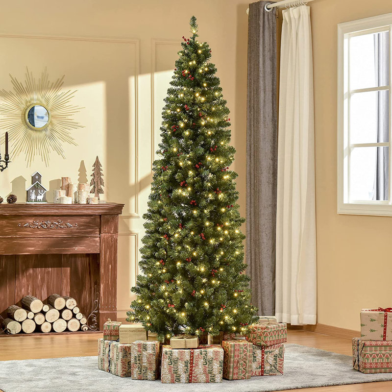 Prelit Artificial Pencil Christmas Tree with Warm White LED Light, 7' H